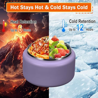 13.5oz Kids Thermos for Hot Food, Insulated Vacuum Food Jar with Buckle Lid, Stainless Steel Wide Mouth Leak Proof Insulated Lunch Container for School Picnic Travel,Purple