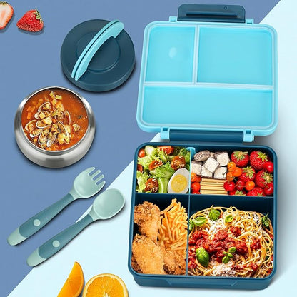 Bento Lunch Box for Kids with 8oz Soup Thermo&Lunch Bag, Leak-Proof Lunch Food Containers with 4 Compartment, Hot Food Insulated Food Jar for Kids School (Blue)