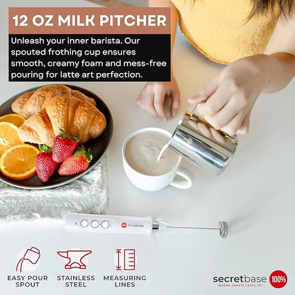 Secretbase 3 Speed Rechargeable Milk Frother, Pitcher, Charging Base - Handheld Mixer for Latte, Drinks, Matcha - Includes Cup, Electric Stirrer, Double-Whisk Frother for Coffee, Egg Beater (White)