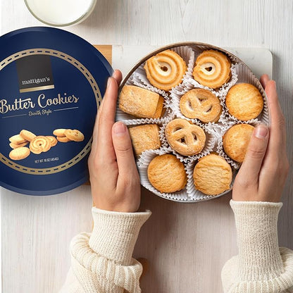 Mattigan's Butter Cookies Traditional Danish Style Cookie Assortment, 16 Oz Tin, Gourmet Gifts for Holidays, Birthday, Special Occasions, Snack Gift, Assorted Cookie Dessert Sweets, Reusable Metal Tin