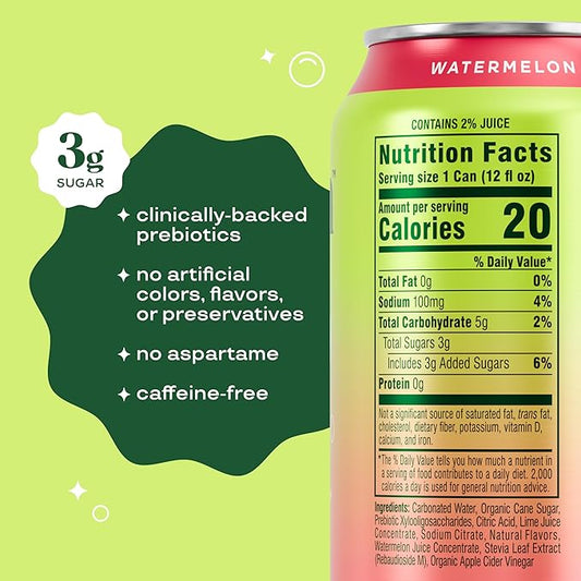 Bloom Pop Prebiotic Soda 12 Pack, Watermelon Lime Flavor, 12oz Cans | Prebiotic Soda for Gut Health, Low Calorie Soda, No Caffeine, Healthy Soft Drink Alternative