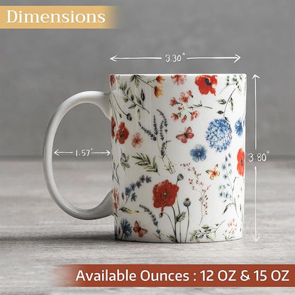 Maison d' Hermine Coffee Mug with Handles Fine Bone China Mugs Pack of Two Tea Cups for Hot Beverages Cappuccino Latte Home Restaurant Office Perfect for Gift (Just Floral, 15 Ounce)