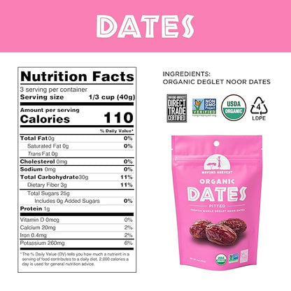 Mavuno Harvest Pitted Dates Dried Fruit Snacks | Organic Dried Dates | Healthy Snacks for Kids and Adults| Deglet Noor Dates | No Sugar Added, Vegan, Non GMO | Resealable 4 Ounce Bags, Pack of 3