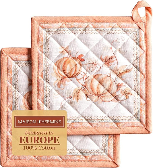 Maison d' Hermine Pot Holders Set 100% Cotton Heat Resistant Potholders 8" x 8" Hot Pads with Loop BBQ, Cooking, Baking, Grilling, Kitchen, Handling Hot Pans (Pack of 2, Giving Thanks)