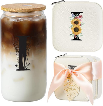 AYGXU Small Travel Jewelry Case, Portable Jewelry Box, Organizer Storage Holder Boxes, Iced Coffee Cute Tumbler Cup, Bamboo Lids for Glass Cups, Teacher Gifts for Women, Initial I White