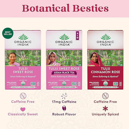 Organic India Tulsi Cinnamon Rose Herbal Tea - Holy Basil, Stress Relieving & Mystical, Immune Support, USDA Certified Organic, Supports Sugar Metabolism, Caffeine-Free - 18 Infusion Bags, 6 Pack
