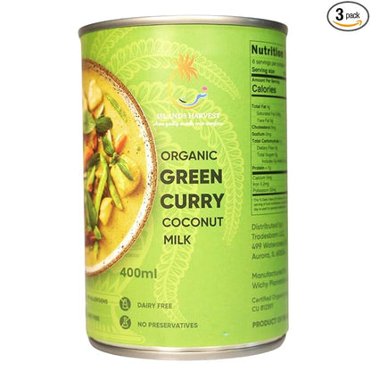 Islands Harvest Organic Green Curry Coconut Milk Pack of 3 - Vegan, Kosher, Halal, Non-GMO, USDA Organic GREEN CURRY - Pure No Added Artificial Flavors, Colors & Preservatives for Curries, Such As Green Beans, Broccoli, Carrot