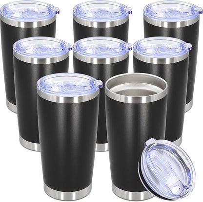 20oz Tumbler Bulk Stainless Steel Tumbler Cup with Lid Vacuum Insulated Double Wall Travel Mug, Durable Powder Coated Travel Coffee Tumbler Mug for Hot & Cold Drinks, Black,8 Pack