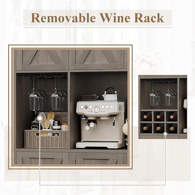 HOSTACK Kitchen Pantry Storage Cabinet, 71" Tall Food Pantry Cabinet with Microwave Stand, Farmhouse Kitchen Hutch, Coffee Bar Hutch with Wine Rack for Dining Room, Living Room, Ash Grey