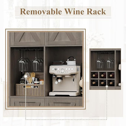 HOSTACK Kitchen Pantry Storage Cabinet, 71" Tall Food Pantry Cabinet with Microwave Stand, Farmhouse Kitchen Hutch, Coffee Bar Hutch with Wine Rack for Dining Room, Living Room, Ash Grey