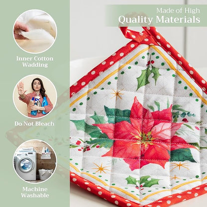 Maison d' Hermine Pot Holders 100% Cotton Heat Resistant Potholders 8" x 8" Hot Pads with Loop BBQ, Cooking, Baking, Grilling, Kitchen, Handling Hot Pans (Pack of 1, Poinsettia Christmas)