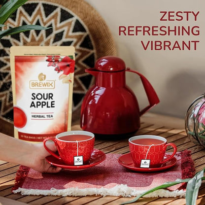 BREWIX, Sour Apple Hibiscus Tea Bags (25 Pyramid Tea Bags) Caffeine-Free Herbal Tea | Apple, Hibiscus, Rosehip | Refreshing Wellness Brew for Any Mood | Hot or Iced Refreshment