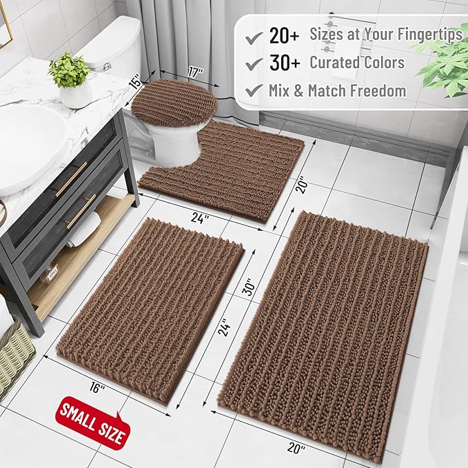 Arotive Luxury Chenille Bathroom Rug Mat, Extra Soft Thick Absorbent Shaggy Bath Rugs, Non-Slip Machine Wash Dry, Plush Bath Mats for Bathroom, Shower and Tub, 30x20, Mocha