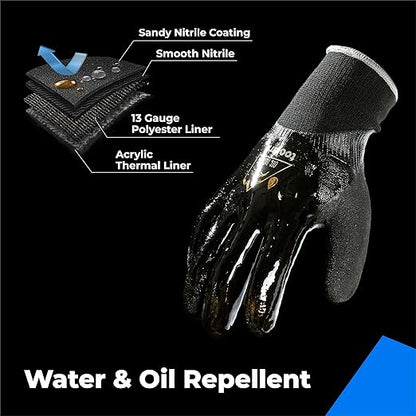 Waterproof Gloves Bulk Pack for Men and Women, 3 Pairs, Freezer Gloves with Grip, Double Nitrile Dipped for Extreme Oil Repellent, for Construction, Mechanics, Mining, Plumbing, Black, Large