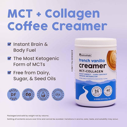 NativePath Keto Coffee Creamer Powder French Vanilla — Keto-Friendly, Non-Dairy & Low Sugar Creamer. Made with Grass-fed Collagen Protein Powder, MCT Oil & Monk Fruit. Soy & Gluten Free (7.1 OZ)