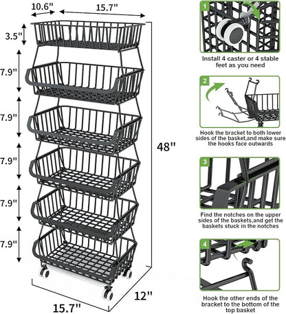 6 Tier Fruit Basket for Kitchen, Fruit and Vegetable Storage Cart Stackable Wire Baskets with Wheels Vegetable Produce Basket Potato Onion Storage Bins Rack for Kitchen Pantry