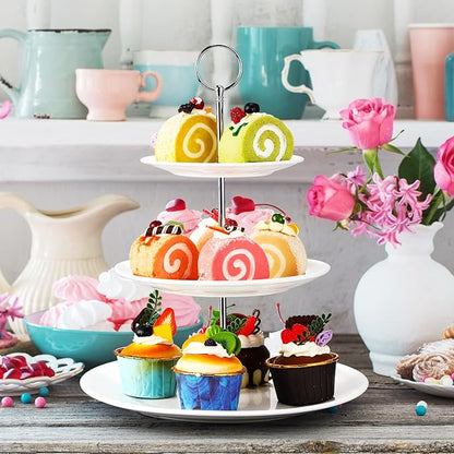 Tatuo 2 Pcs 3 Tier Porcelain Cupcake Stand, Cup Cake Holder Tower, Pastry Serving Elegant Dessert White Ceramic Tiered Stand for Wedding, Birthday, Tea Party(Delicate Round Shape)