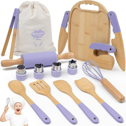 Wooden Kids Cooking Set Montessori Kit - Real Toddler Kitchen Tools & Baking Utensils - 15PCS Cooking Kit for Kids with Storage Bag, Great Gift for Pretend Play & Montessori Learning (Purple)