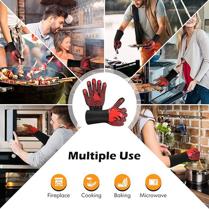 BBQ Gloves, 1472°F Heat Resistant Gloves Fireproof Mitts，Grilling Gloves Silicone Non-Slip Washable Oven Gloves, Kitchen Gloves for Barbecue, Grilling, Cooking, Baking, Camping, Smoker (Red)