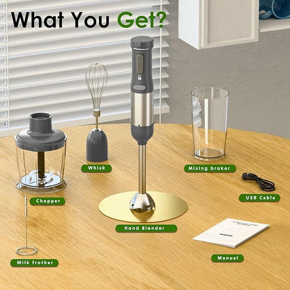 Cordless Immersion Hand Blender, 5-in-1 Variable Speed blender handheld,Rechargeable with 2000mAh Battery, BPA-Free & Dishwasher-Safe Accessories:700ml Beaker,Chopper,Whisk & Milk Frother,Grey