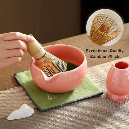 Matcha Whisk Set, Ceramic Matcha Set with Spout, Matcha Bowl Kit with Sifter, Whisk and Holder, Bamboo Scoop, Scoop Rest, Tea Towel, 7 Pcs Matcha Kit Set for Making Breakfast/Latte for Matcha Lovers