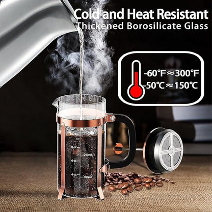 French Press Coffee Maker 304 Stainless Steel Coffee Press,with 4 Filters System, Heat Resistant Thickness Borosilicate French Press Glass, BPA-Free Brewed Tea Pot Coffee Plunger(Copper 12oz)