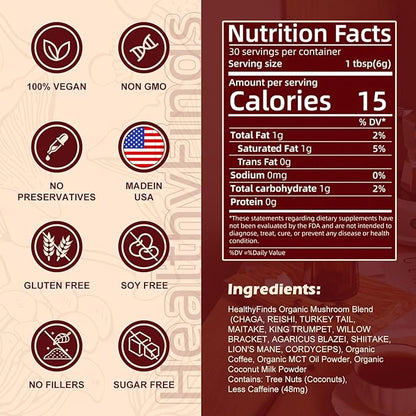 HealthyFinds Organic Mushroom Coffee Instant with 10 Superfood Mushrooms for Better Focus, Energy, Digestion & Immunity (6.35 oz)