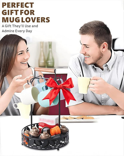 Mug Holder for Countertop, 2-in-1 Mug Tree for Large Mugs & Coffee Cup Stand with Storage Basket - Mug Rack & Organizer for Coffee Bar Accessories