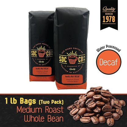 San Diego Coffee DECAF Vanilla Nut, Medium Roast, Whole Bean Coffee, 16-Ounce Bags (Pack of 2) Café en grano tostado descafeinado