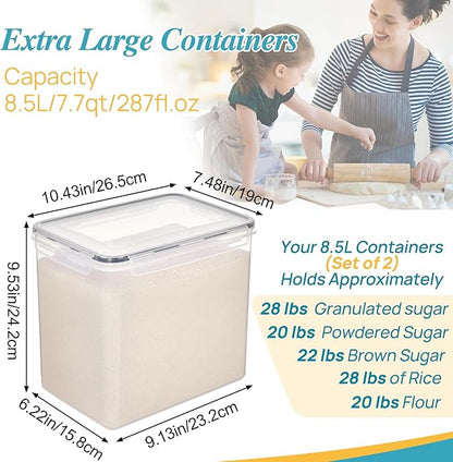Vtopmart 8.5L 2 Pack Extra Large Flour Sugar Storage Containers for 20lbs flour, Airtight Kitchen Pantry Organization Canisters with Lids for Bulk food, Rice, Baking Supplies, BPA Free, Black