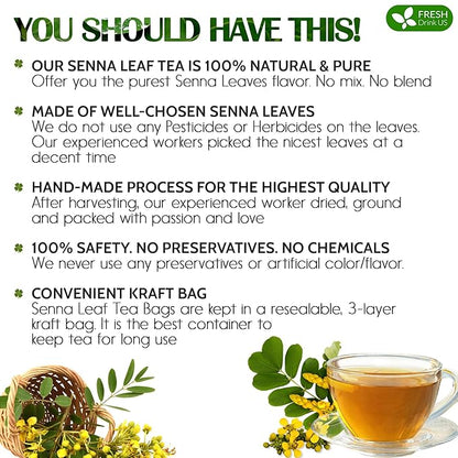FreshDrinkUS, Premium 135 Senna Leaf Tea Bags, 100% Natural & Pure from Senna Leaves. Loose Leaf Senna Herbal Tea, Made with Natural Material Tea Bags. No Sugar, No Caffeine, No Gluten, Vegan.