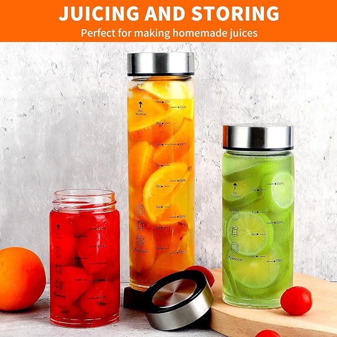 Glass Juice Bottles 6 Pack 20 oz - Wide Mouth Glass Water Bottles with Lids - for Juicing, Protein, Smoothie, Milk, Reusable, BPA Free, Stainless Steel Lids, Blender, Shaker Bottle [20oz/600ml]