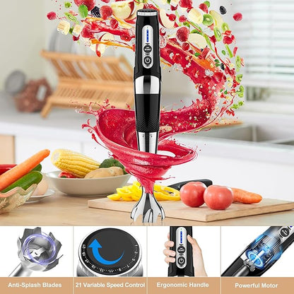 Cordless Immersion Blender Handheld: 3-in-1 Rechargeable Electric Hand Blender Stick, 21-Speeds & 3-Angle Adjustable with 700ml Beaker, Egg Whisk and Beater for Smoothies, Soup,Puree,Baby Food (Black)