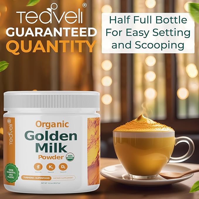 Organic Golden Milk Powder with Vitamins D3 & K2, Turmeric, Ginger, Curcumin, Cinnamon, KSM66 Ashwagandha, Holy Basil & Natural Prebiotics– Delicious Unsweetened Turmeric Tea Latte - 3 Pack