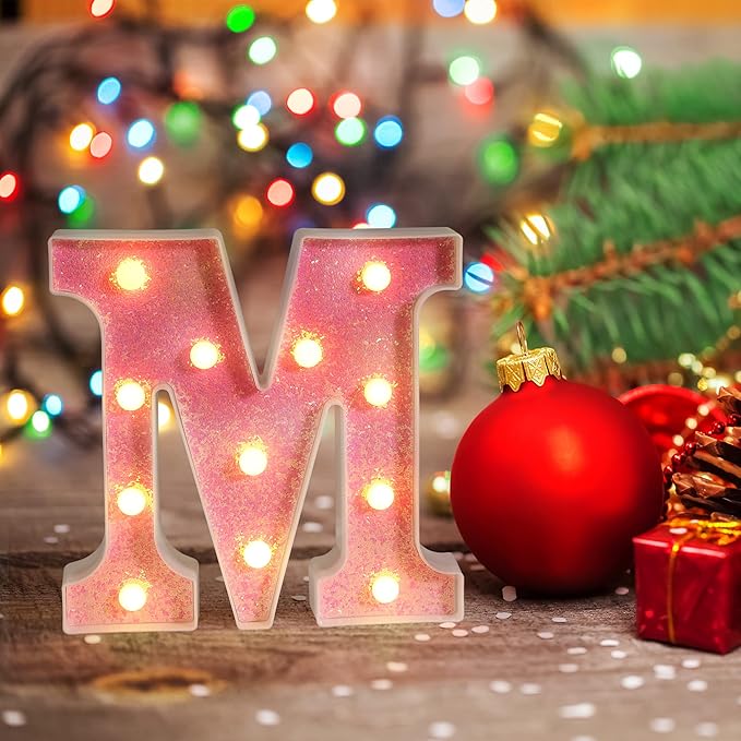 Foaky Pink Light up Letters，Pink Party Decorations,Girls Room Decor,Glitter Light Up Letters,Alphabet Letter Sign for Night Light Birthday Party Girls Gifts, Home Bar Decoration（K）