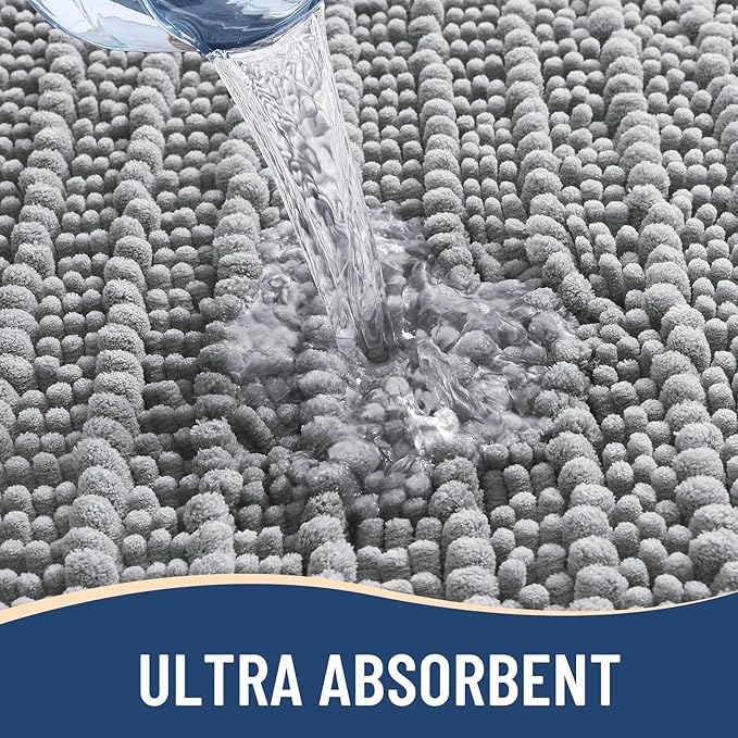 Arotive Luxury Chenille Bathroom Rug Mat, Extra Soft Thick Absorbent Shaggy Bath Rugs, Non-Slip Machine Wash Dry, Plush Bath Mats for Bathroom, Shower and Tub, 59x35, Light Grey