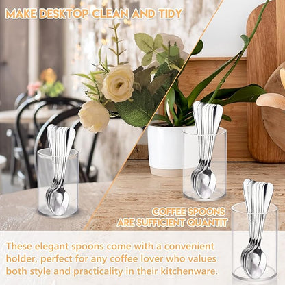 6 Pcs Mini Coffee Spoons with Holder 4.7 inch Demitasse Espresso Stainless Steel Spoons Silver with Acrylic Cylinder Holder for Coffee Bar Home Tea Party (6)