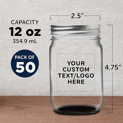 DISCOUNT PROMOS 50 Decorating Mason Jars Set, 12 oz. - Customizable Text, Logo - Canning, Aluminum Lid - Black