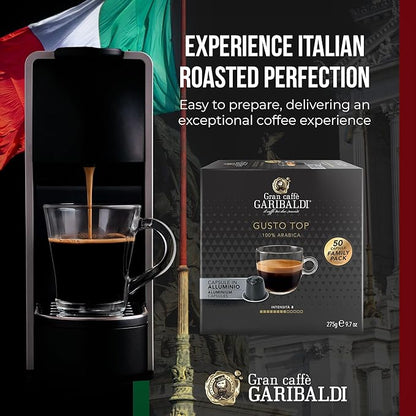Gran Caffè Garibaldi Espresso Pods, Italian Roasted Compatible Nespresso Original Line Machines, 100% Arabica Blend, Brazilian & Central American Beans, Cocoa Aroma - Gusto Top (Aluminum) 50 Cups