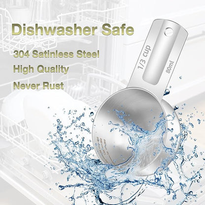2PCS 1/3Cup (80ml, 2.6oz) Single Measuring Cup, Etched Inner Scale Stainless Steel Measure Scoop, Metric and US Measurement, Dishwasher Safe