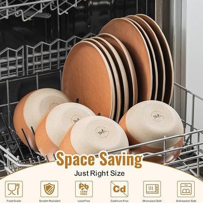 12 Pieces Dinnerware Sets,Plates and Bowls Sets, Handmade Reactive Glaze Dishes Set for 4 with at Least 10% Recycled Ceramic(Brownish Red)