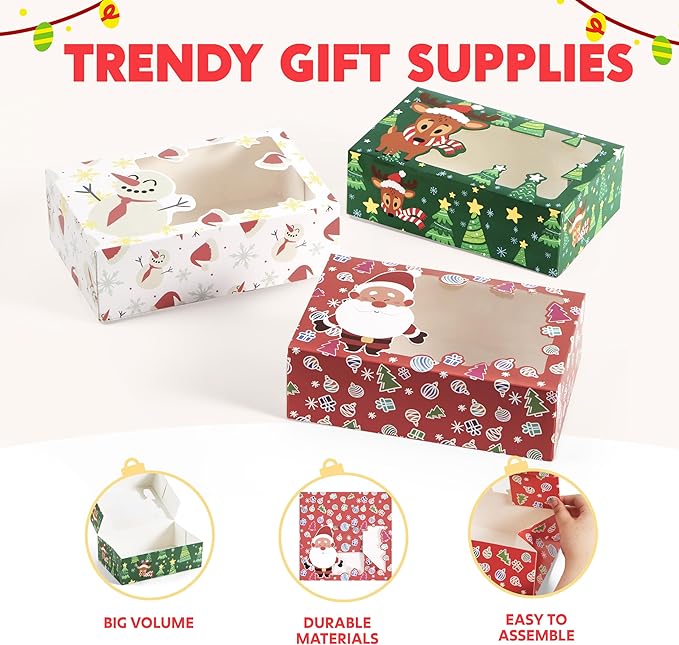 JOYIN 12 PCS Christmas Cookie Boxes for Gift Giving, 8.75" x 5.75" x 2.75" Bakery Treat Boxes Containers with Window for Xmas Holiday Birthday Party Pastries, Cupcakes, Brownies, Donuts, Baked Goods