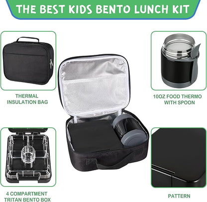 Bento Lunch Box Set With 10oz Soup Thermo, Leak-proof Lunch Containers with 4 Compartment, Kids Hot Thermo Food Jar/Insulation Lunch Bag, Food Containers for School (Black)