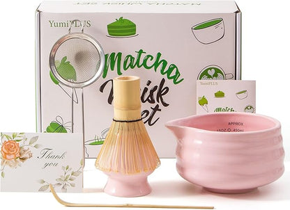 5pcs Premium Matcha Set,Ceramic Bowl with Spout and Bamboo Whisk set, Ceremonical Matcha Kit for breakfast/latte,Tea Starter Making Kit,Unique Matcha Gift set (pink)