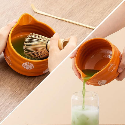 5pcs Pumpkin Matcha Set,Ceramic Bowl with Spout and Bamboo Whisk set, Ceremonical Matcha Kit for breakfast/latte,Tea Starter Making Kit,Unique Matcha Halloween Thanksgiving Gift set (pumpkin)