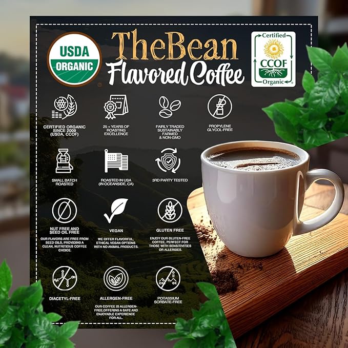 The Bean Organic Coffee Company Caramel, Medium Roast, Ground Coffee, 5-Pound Bag, Café molido tostado orgánico