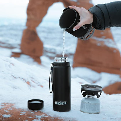London Sip 25 oz Multi-Function Travel Mug and Tumbler Tea Infuser Water Bottle Fruit Infuser Flask Hot and Cold Double Wall Stainless Steel Coffee Thermos, Zen Black, Pack of 2