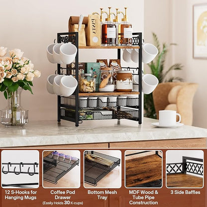 Coffee Bar Organizer Countertop Station Shelf - 4 Tier Mug Holder Stand With 12 Hooks, 30 K Cup Pod Drawer, Multifunctional Shelf for Accessories Kitchen