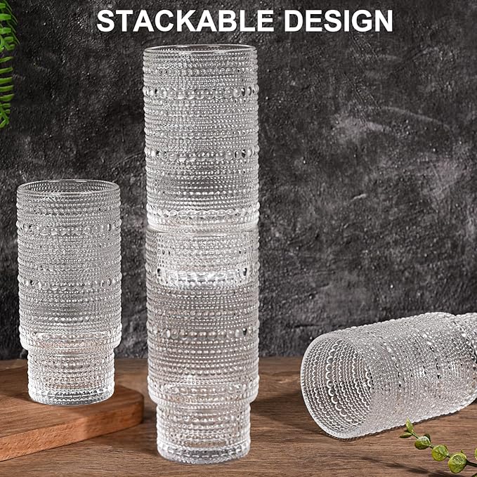 16OZ Glass Tumbler with Straw and Lid,Glass Cups with Lids and Straws,Ribbed Iced Coffee Cups Vintage Embossed Glassware for Juice Whiskey Cocktail Beer(1Pack)