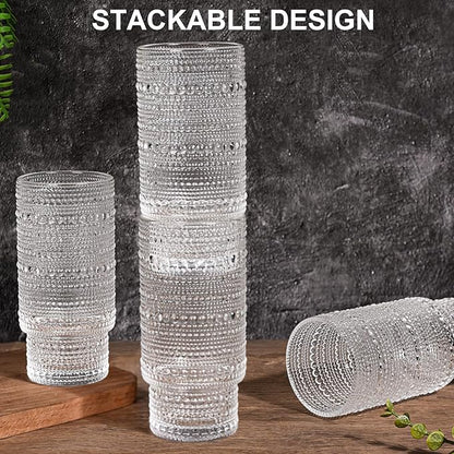 16OZ Glass Tumbler with Straw and Lid,Glass Cups with Lids and Straws,Ribbed Iced Coffee Cups Vintage Embossed Glassware for Juice Whiskey Cocktail Beer(1Pack)